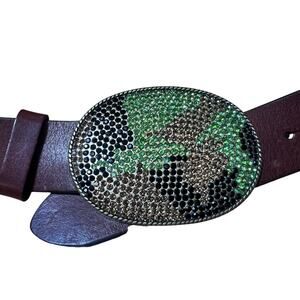 GAP Camo Buckle Leather 40” L Belt with Rhinestone Bling Western Military Army